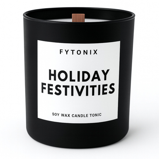 HOLIDAY FESTIVITIES soy wax candle tonic + wood wick • 8.5oz (chrome or black jar with lid)