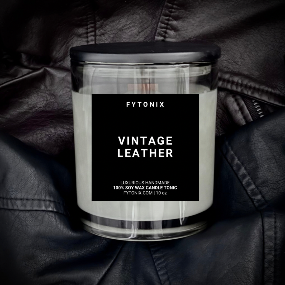 Natural Nontoxic VINTAGE LEATHER soy wax candle tonic + wood wick • 10oz (glass jar + lid)