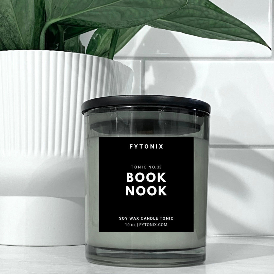 Natural Nontoxic BOOK NOOK soy wax candle tonic + wood wick • 10oz (glass jar + lid)