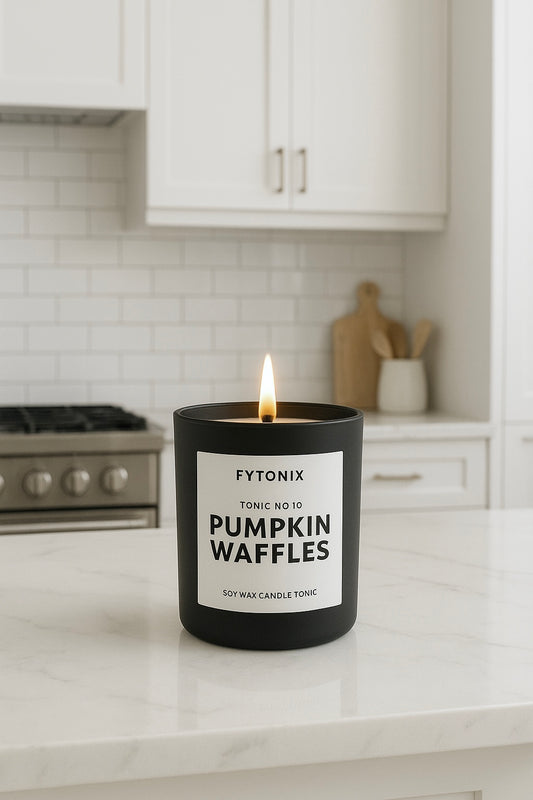PUMPKIN WAFFLES Soy Wax Candle Tonic + Wood Wick • 8.5oz matte black glass jar + lid