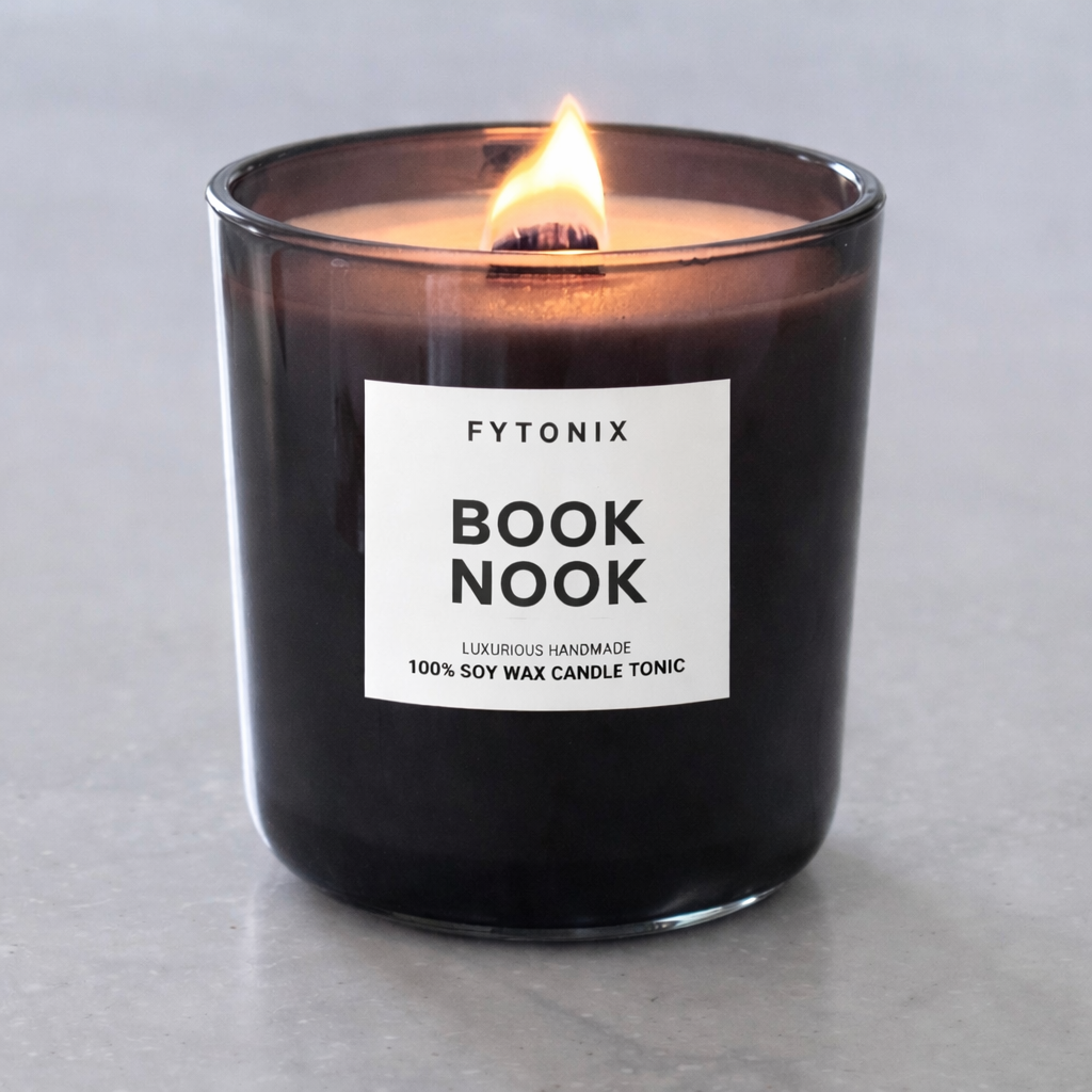 BOOK NOOK Soy Wax Candle Tonic + Wood Wick • 13 oz (smoked glass jar + black lid)