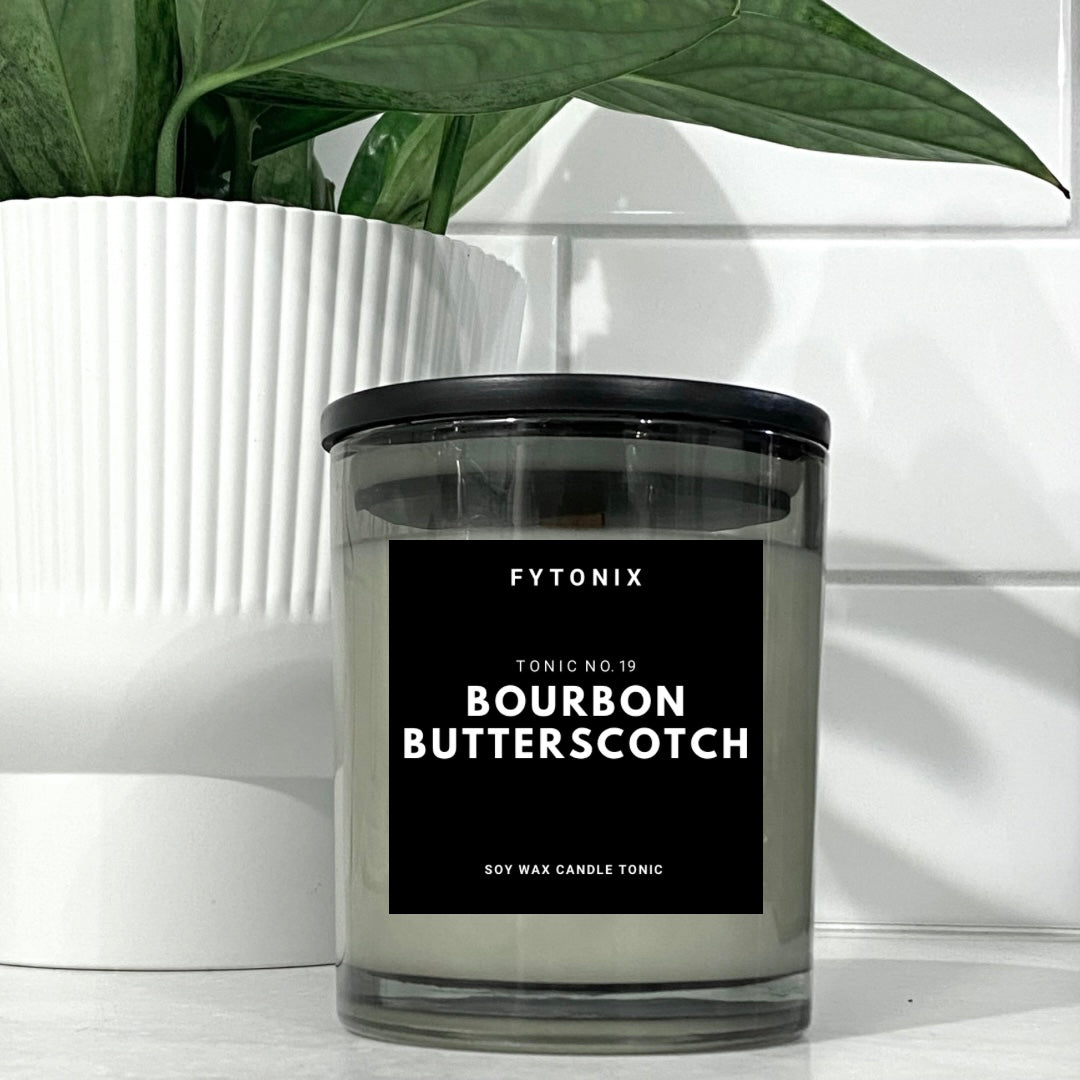 Natural Nontoxic BOURBON BUTTERSCOTCH soy wax candle tonic + wood wick • 10oz (glass jar + lid)
