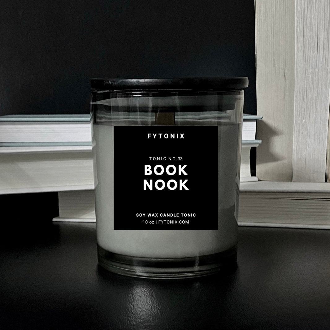 Natural + Nontoxic BOOK NOOK CANDLE TONIC 100% soy wax + wood wick • 10 oz glass jar