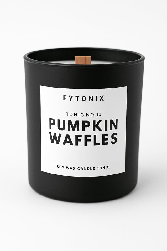 PUMPKIN WAFFLES Soy Wax Candle Tonic • Wood Wick • 8.5oz matte black glass jar/lid