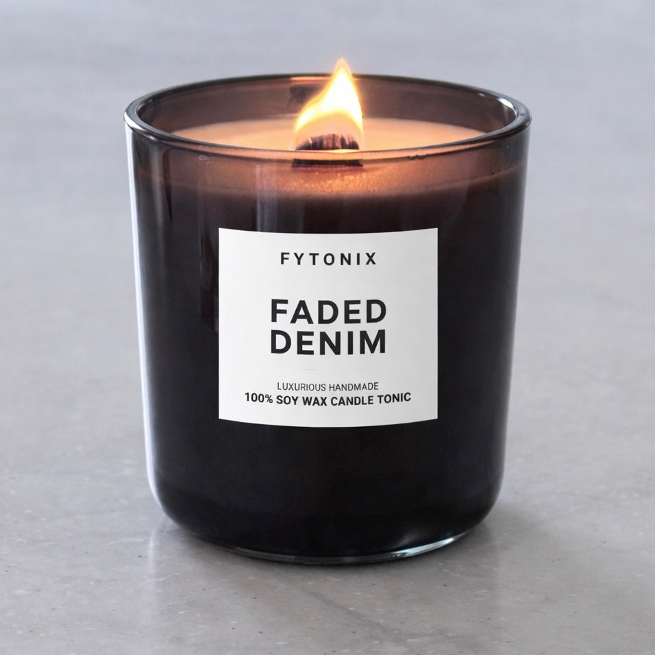 FADED DENIM Soy Wax Candle Tonic + Wood Wick • 13 oz (smoked glass jar + black lid)