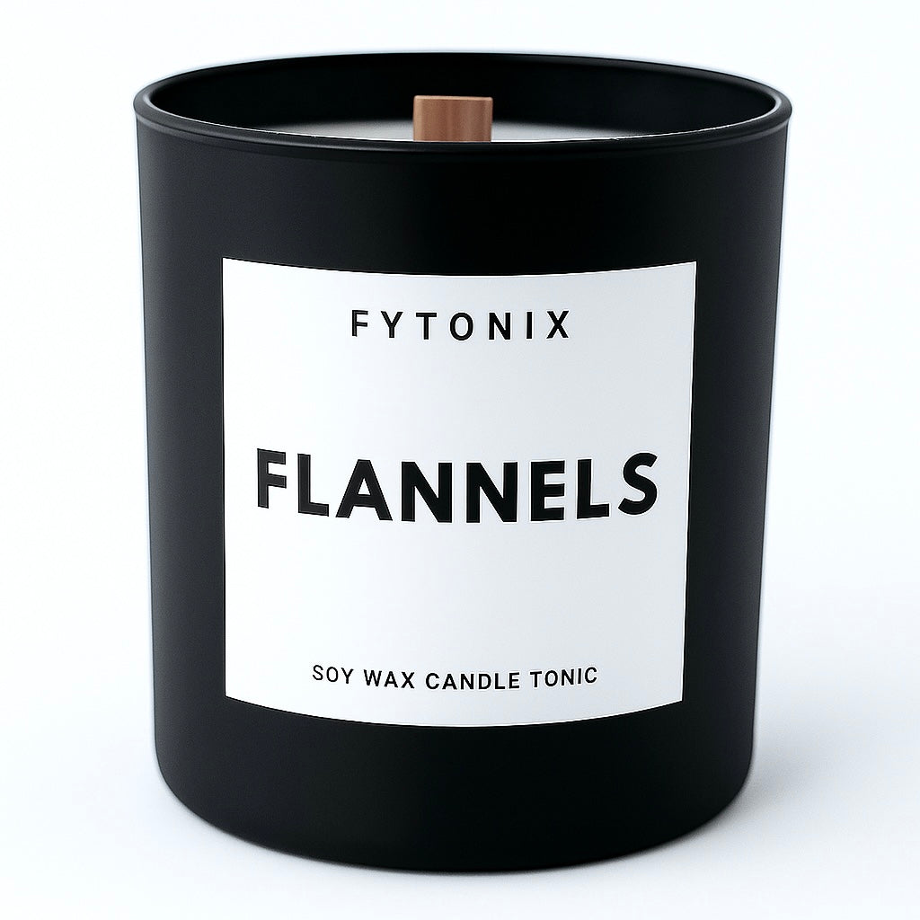 FLANNELS soy wax candle tonic + wood wick • 8.5oz (matte black glass jar + lid)