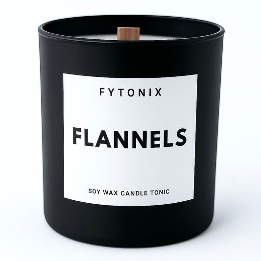 FLANNELS soy wax candle tonic + wood wick • 8.5oz (matte black glass jar + lid)