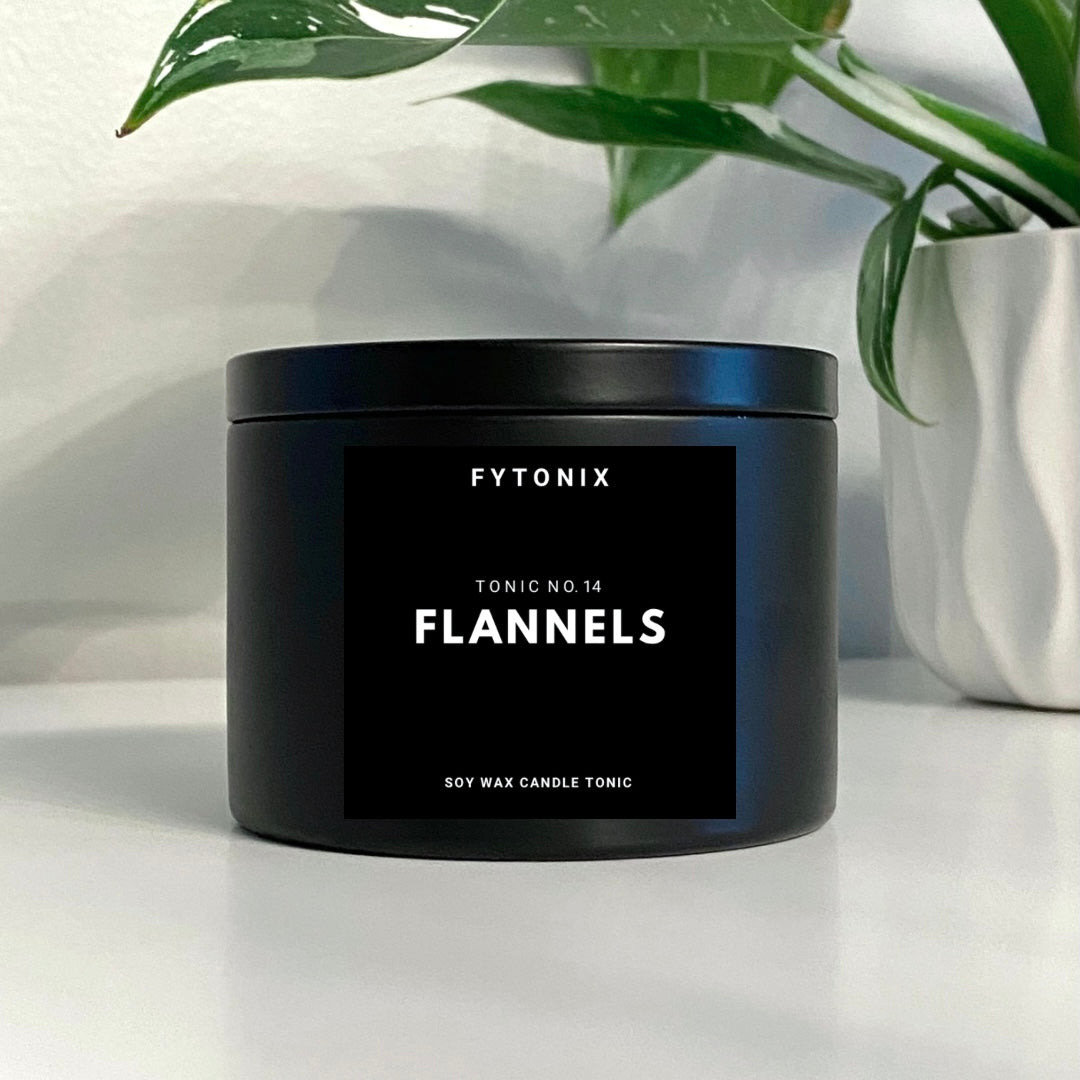 FLANNELS CANDLE TONIC 100% soy wax + wood wick (2oz & 5oz black tin)