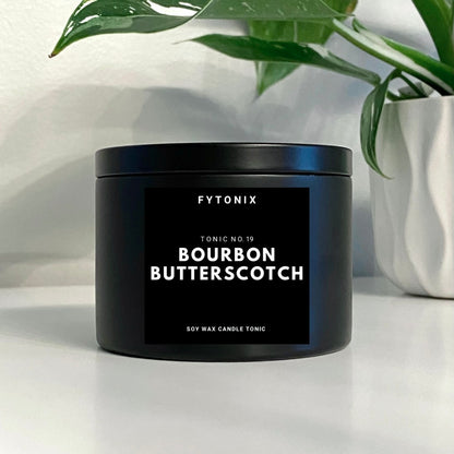 BOURBON BUTTERSCOTCH CANDLE TONIC 100% soy wax + wood wick 5oz black tin