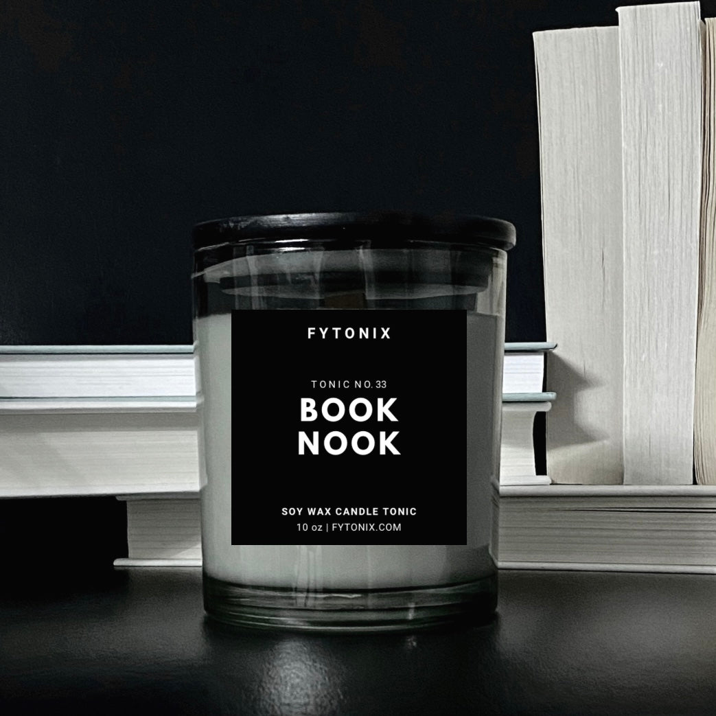 Natural + Nontoxic BOOK NOOK CANDLE TONIC 100% soy wax + wood wick • 10 oz glass jar