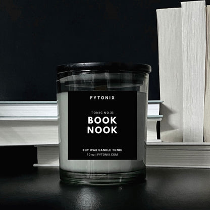 Natural + Nontoxic BOOK NOOK CANDLE TONIC 100% soy wax + wood wick • 10 oz glass jar