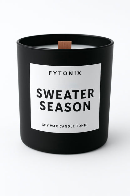 SWEATER SEASON Soy Wax Candle Tonic + Wood Wick • 8.5oz matte black glass jar + lid
