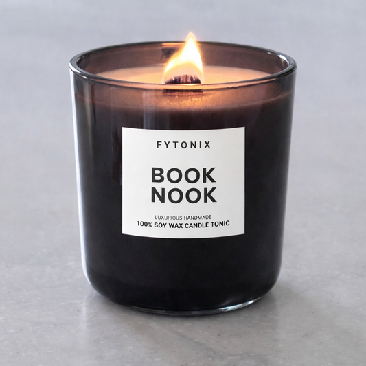 BOOK NOOK Soy Wax Candle Tonic + Wood Wick • 13 oz (smoked glass jar + black lid)