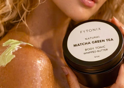 Premium luxurious handmade matcha green tea whipped body butter double whipped shea butter and organic oils for smooth soft silky radiant glowing skin by Fytonix