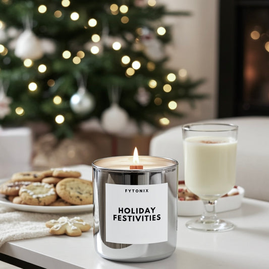 Holiday festivities candle Christmas cookies candle eggnog candle cinnamon vanilla candle soy wax candle holiday candle wood wick candle handmade candle woman owned small business Columbus, Ohio worldwide shipping FYTONIX.com 15% off first order 