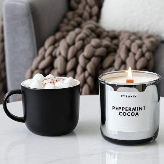 Peppermint cocoa candle peppermint hot chocolate candle peppermint mocha candle peppermint chocolate candle mint chocolate candle hot cocoa candle soy candle wood wick candle hand poured candle handmade candle woman owned small business candle Columbus, Ohio candle Fytonix.com worldwide shipping 15% off first order 
