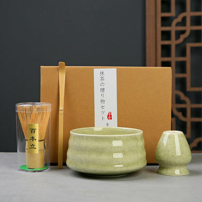 Matcha Whisk Set 4pcs Ceramic Bowl, Bamboo Scoop, Chasen Holder • 19oz Green
