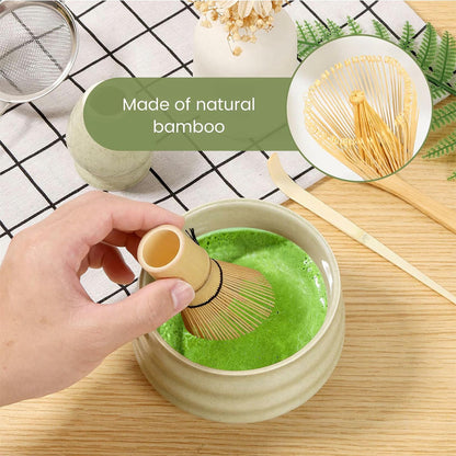 Matcha Whisk Set 4pcs Ceramic Bowl, Bamboo Scoop, Chasen Holder • 19oz Green