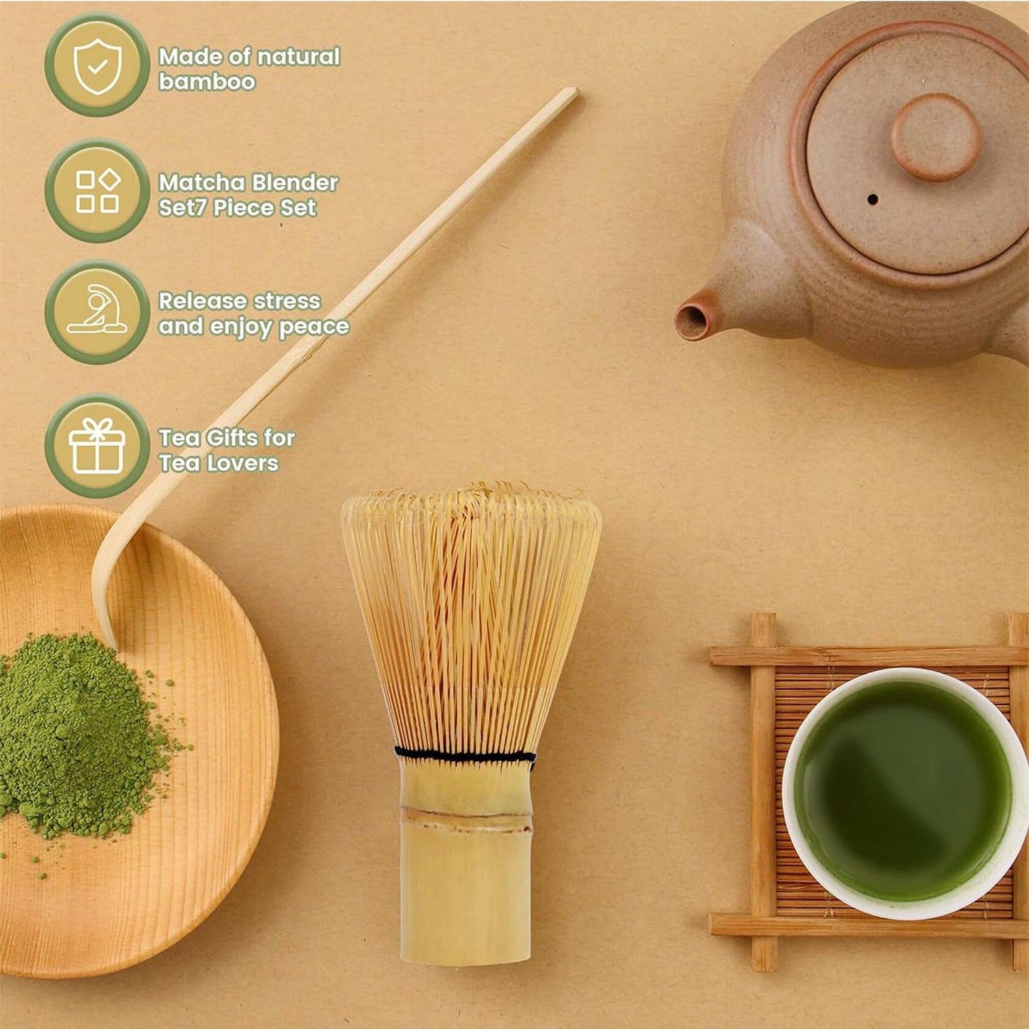 Matcha Whisk Set 4pcs Ceramic Bowl, Bamboo Scoop, Chasen Holder • 19oz Green