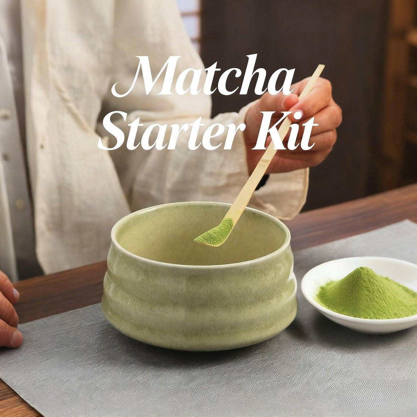 Matcha Whisk Set 4pcs Ceramic Bowl, Bamboo Scoop, Chasen Holder • 19oz Green