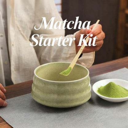 Matcha Whisk Set 4pcs Ceramic Bowl, Bamboo Scoop, Chasen Holder • 19oz Green