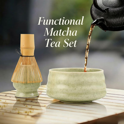 Matcha Whisk Set 4pcs Ceramic Bowl, Bamboo Scoop, Chasen Holder • 19oz Green