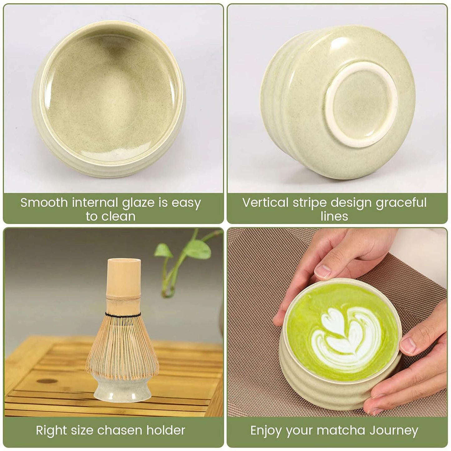 Matcha Whisk Set 4pcs Ceramic Bowl, Bamboo Scoop, Chasen Holder • 19oz Green