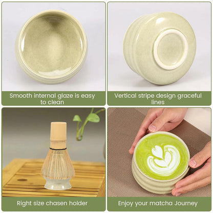 Matcha Whisk Set 4pcs Ceramic Bowl, Bamboo Scoop, Chasen Holder • 19oz Green